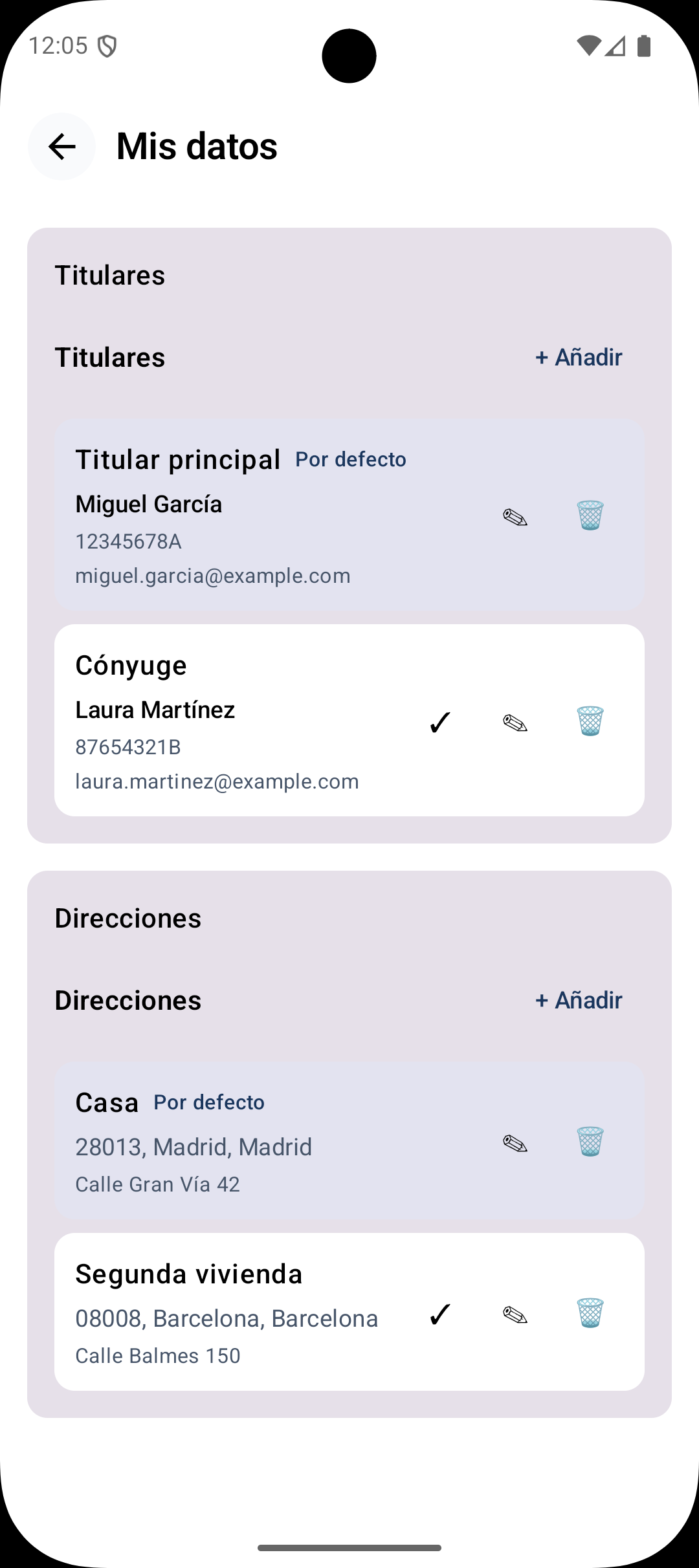 Pantalla Mis datos en Optim: gestión de titulares y direcciones asociadas a los contratos