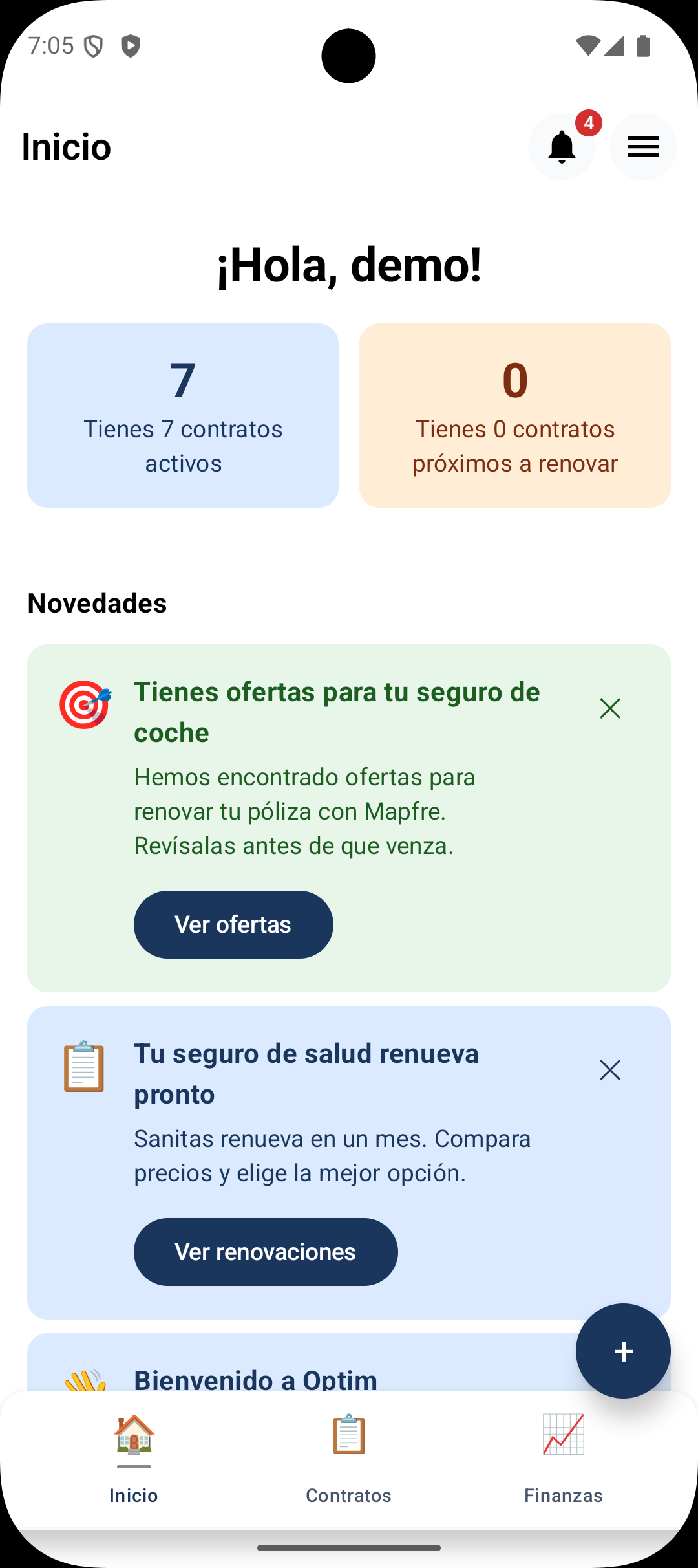 Dashboard de Optim: resumen de contratos activos y próximos vencimientos en la app