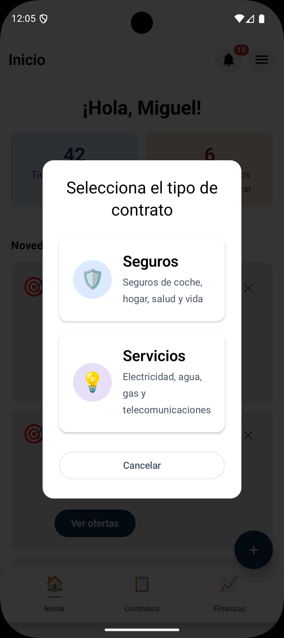 Selector de tipo de contrato en Optim: Seguros o Servicios