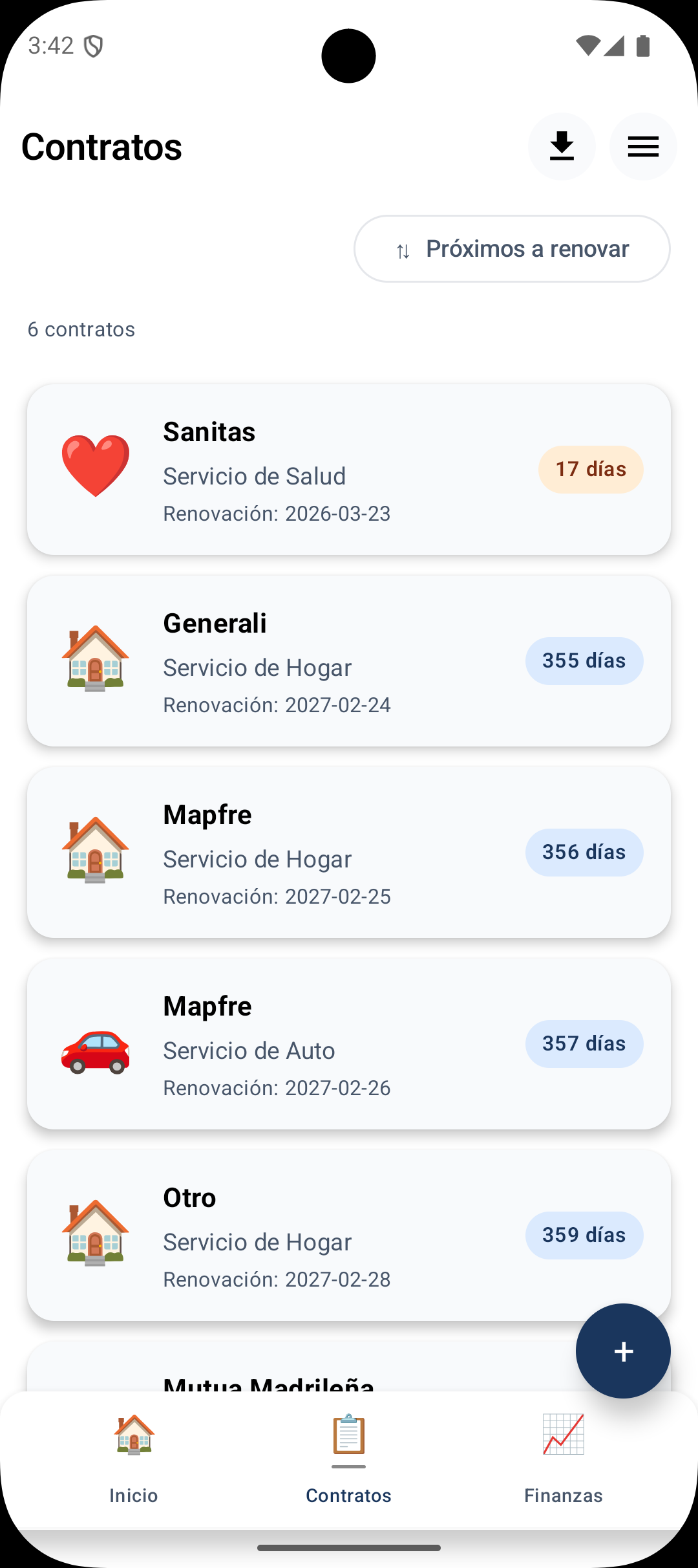 Lista de contratos en Optim ordenada por fecha de renovación