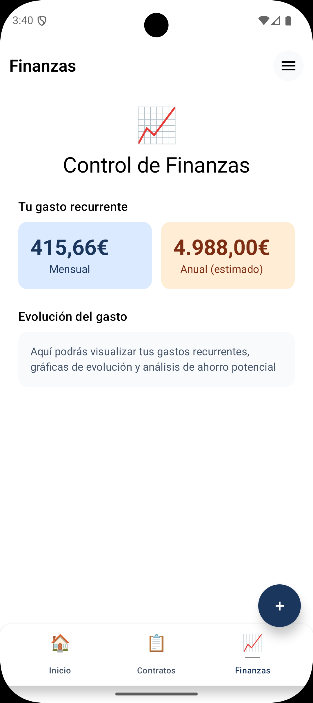 Vista de gastos mensual y anual en Optim, control financiero de seguros y facturas