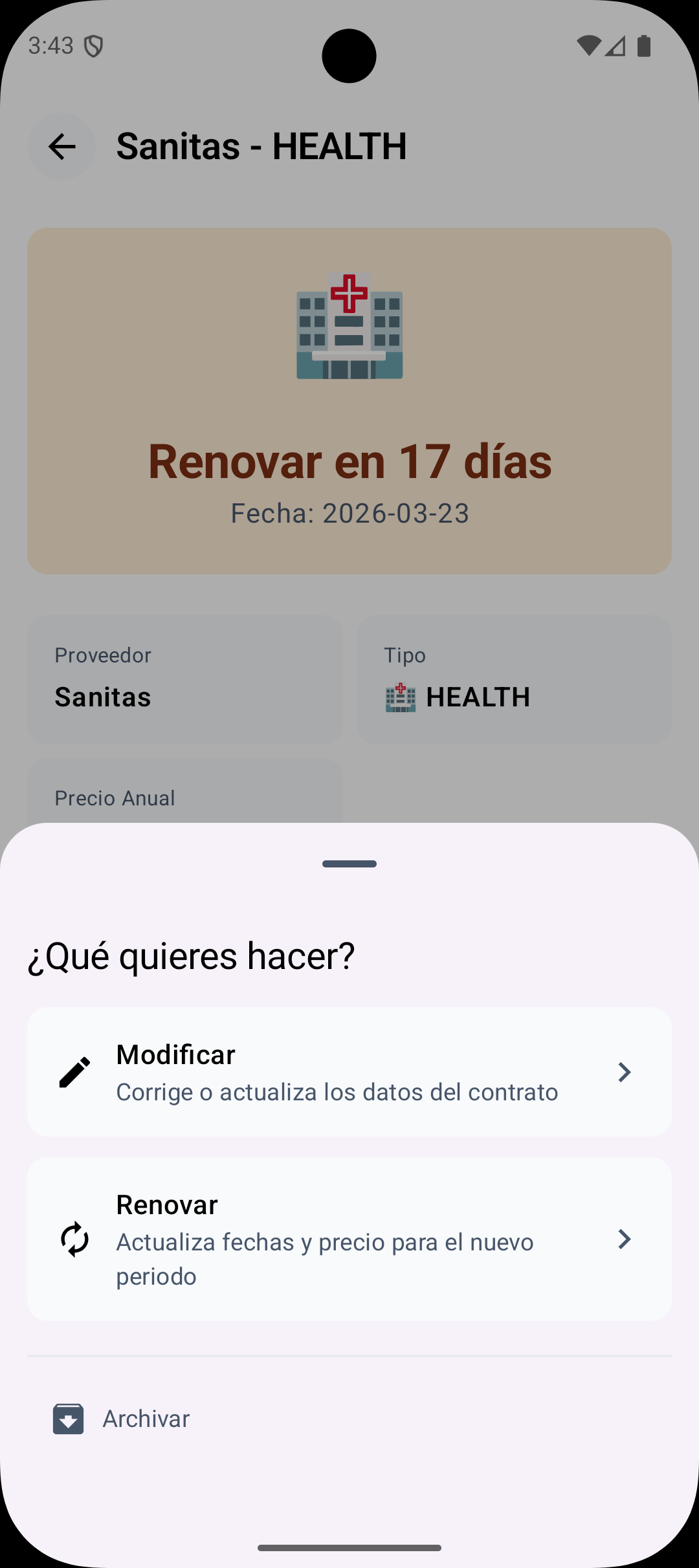 Pantalla de renovación de contrato en la app Optim