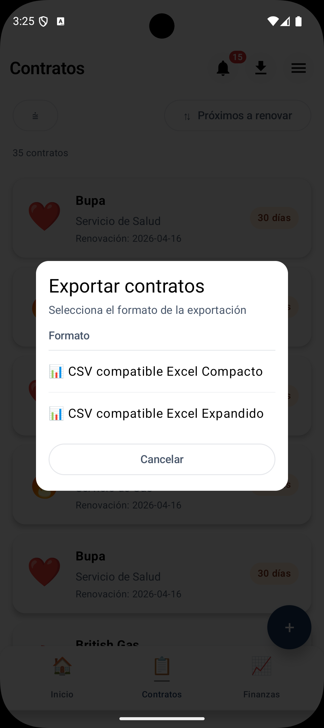 Exportación de contratos en Optim: opciones CSV compacto y expandido compatible con Excel